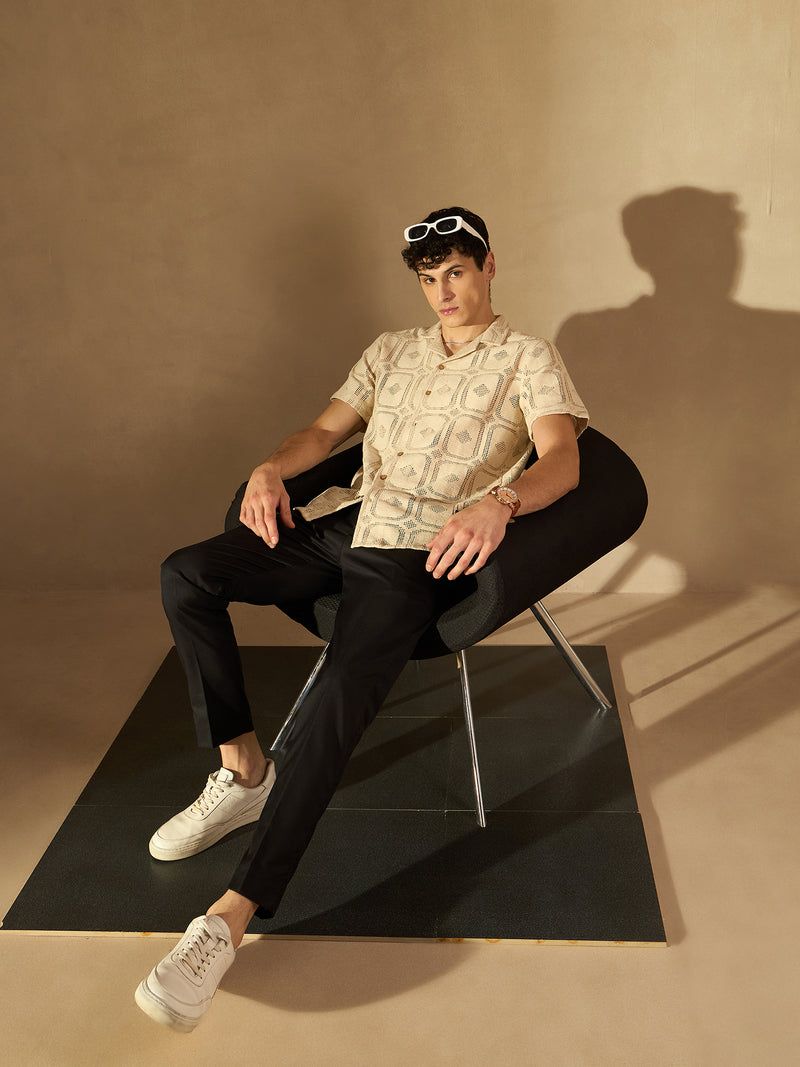 Men Black Tapered Fit Cropped Trousers