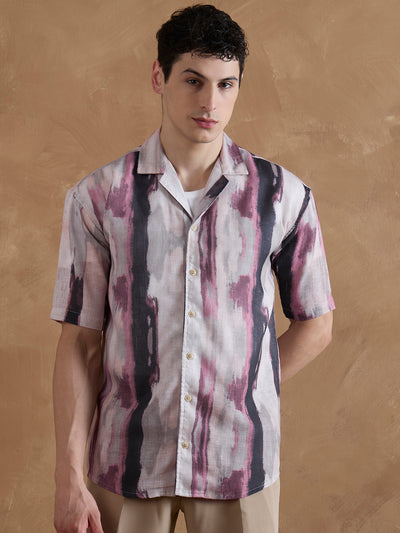 Pink & Cream: Half Sleeves Abstract Printed Shirt