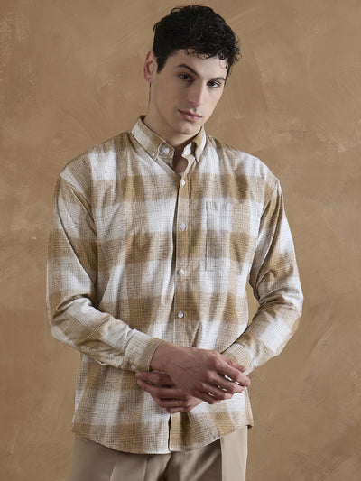 Light Brown & White: Full Sleeves Check Shirt