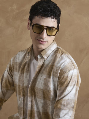 Light Brown & White: Full Sleeves Check Shirt