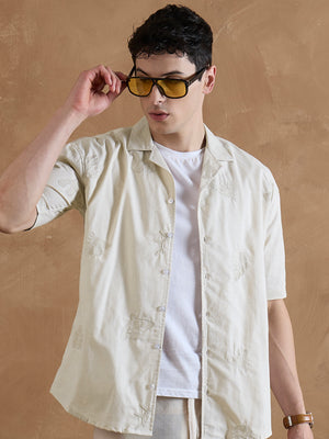 Beige: Half Sleeves Embroidered Shirt
