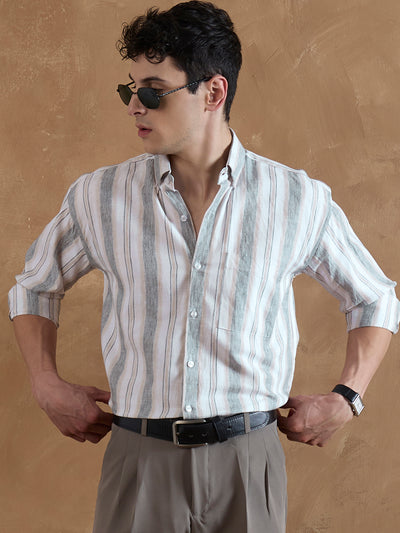Grey & Cream: Full Sleeves Vertical Stripes Shirt