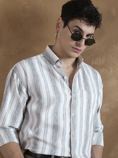 Grey & Cream: Full Sleeves Vertical Stripes Shirt