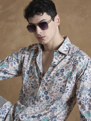Beige: Full Sleeves Floral Printed Shirt