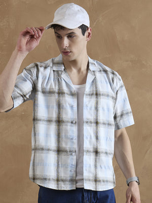 White & Light Blue: Half Sleeves Windowpane Checks Shirt