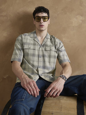 Grey: Half Sleeves Double Pocket Checkered Shirt