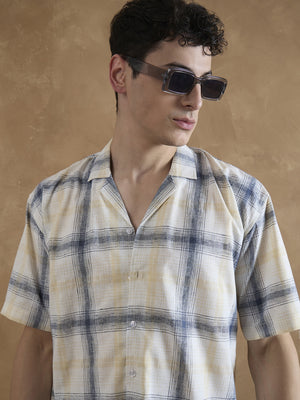 White & Beige: Half Sleeves Windowpane Checks Shirt