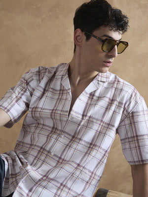 Beige & Maroon: Half Sleeves Tartan Checks Shirt