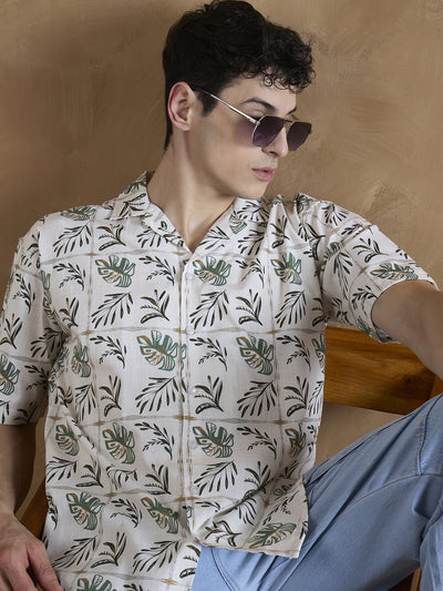 Cream: Half Sleeves Tropical Printed Shirt