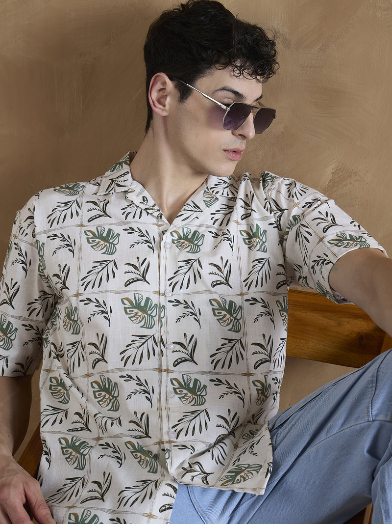 Cream: Half Sleeves Tropical Printed Shirt
