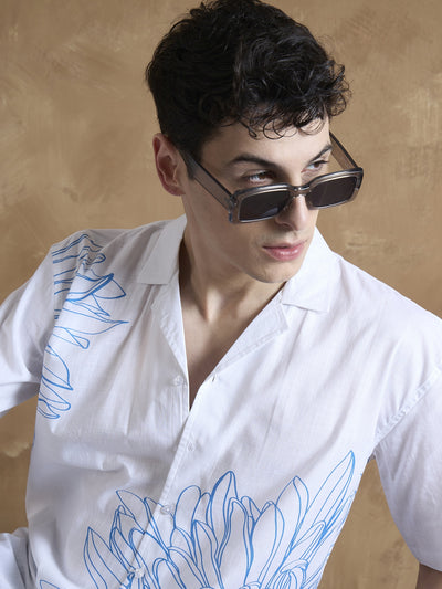 White & Blue: Half Sleeves Printed Shirt