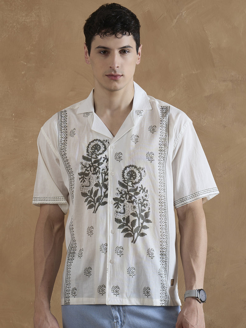 Off White & Grey: Half Sleeves Hand Block Printed Shirt