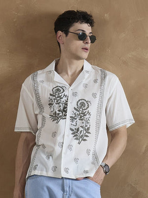 Off White & Grey: Half Sleeves Hand Block Printed Shirt