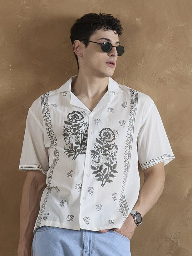 Off White & Grey: Half Sleeves Hand Block Printed Shirt
