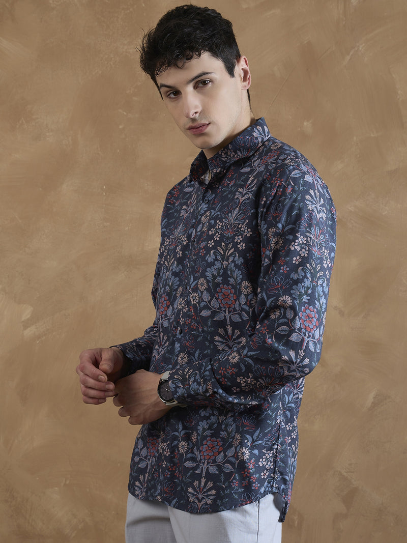 Blue: Full Sleeves Floral Printed Shirt