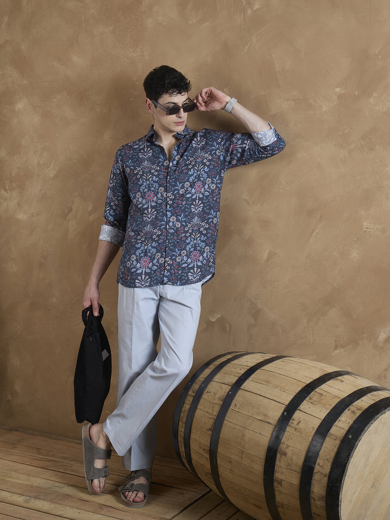 Blue: Full Sleeves Floral Printed Shirt