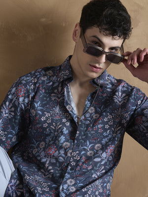 Blue: Full Sleeves Floral Printed Shirt