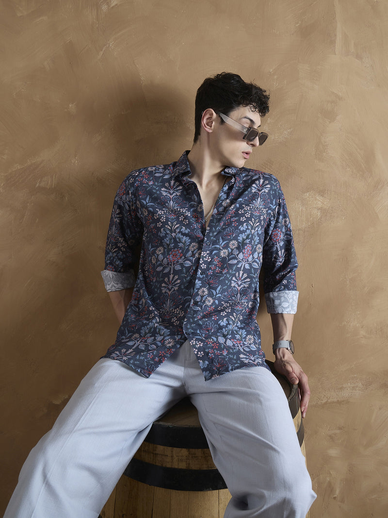 Blue: Full Sleeves Floral Printed Shirt