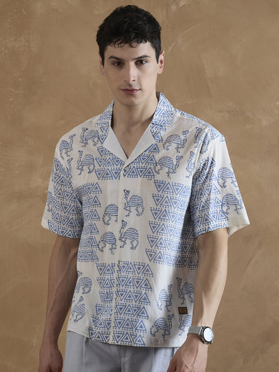 Off White & Blue: Half Sleeves Hand Block Printed Shirt