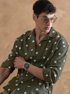 Olive:Full Sleeves Muslin Embroidered Shirt