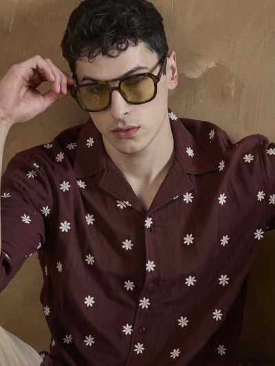 Maroon: Full Sleeves Muslin Embroidered Shirt