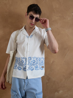 Off White & Blue: Half Sleeves Hand Block Printed Shirt