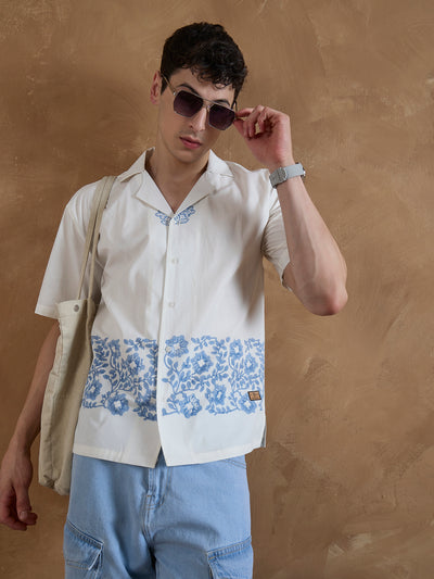 Off White & Blue: Half Sleeves Hand Block Printed Shirt