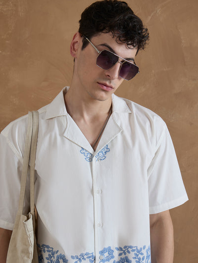 Off White & Blue: Half Sleeves Hand Block Printed Shirt