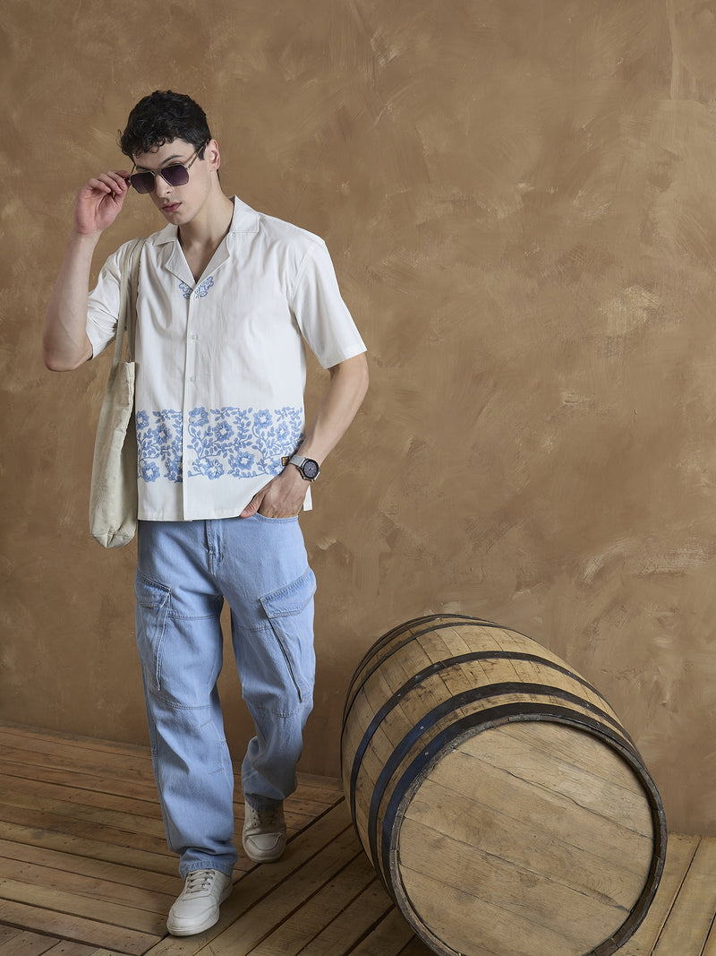 Off White & Blue: Half Sleeves Hand Block Printed Shirt