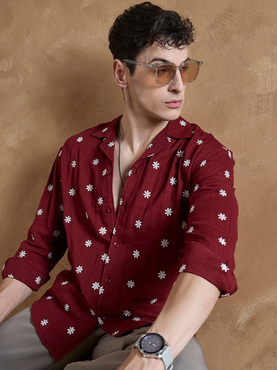 Red: Full Sleeves Muslin Embroidered Shirt