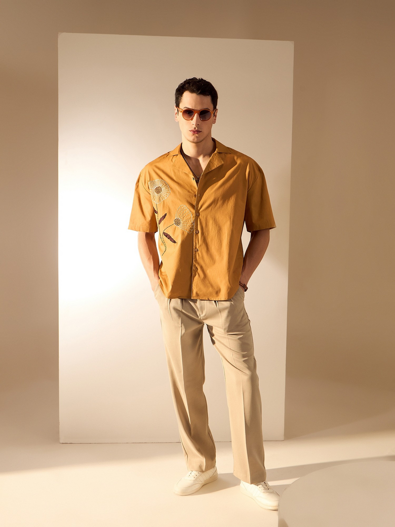 Mustard: Half Sleeves Embroidery Oversized Shirt