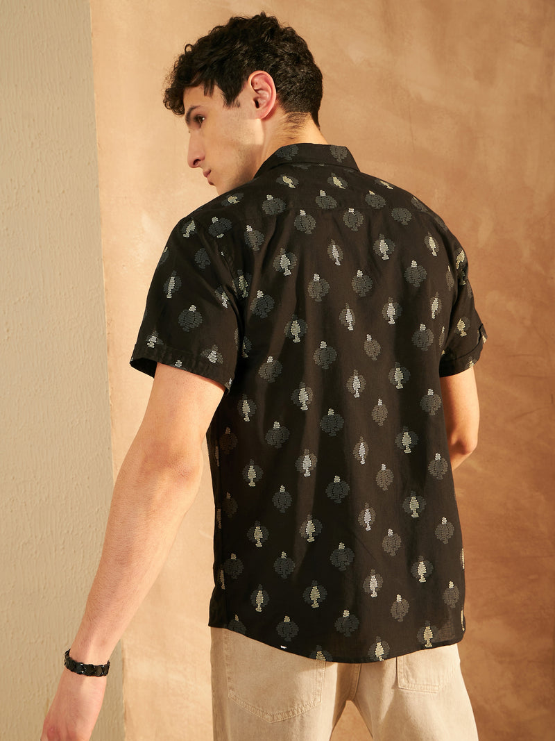 Black: Half Sleeves Block Printed Shirt