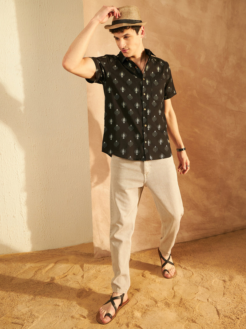 Black: Half Sleeves Block Printed Shirt