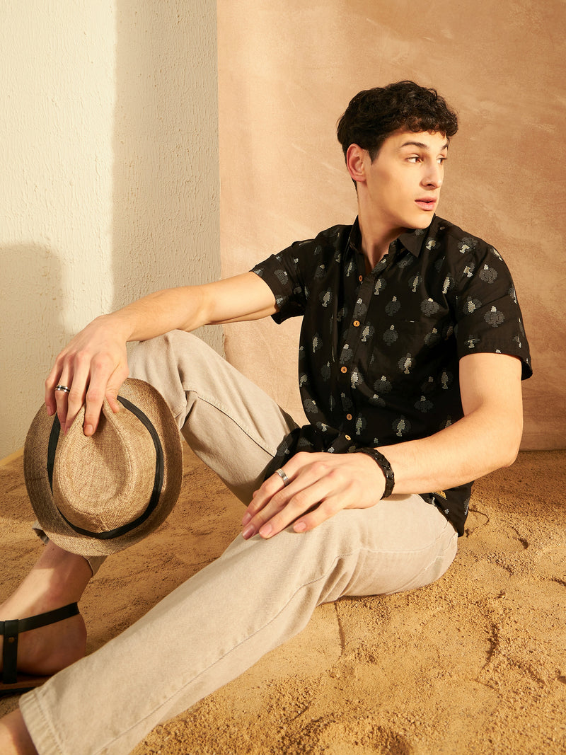 Black: Half Sleeves Block Printed Shirt