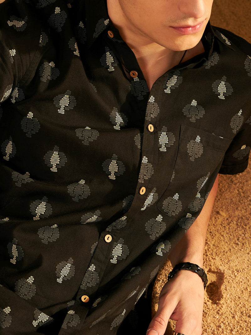 Black: Half Sleeves Block Printed Shirt