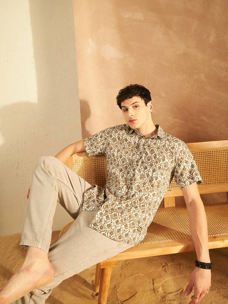 Cream & Olive: Half Sleeves Block Printed Shirt
