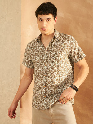 Cream & Olive: Half Sleeves Block Printed Shirt