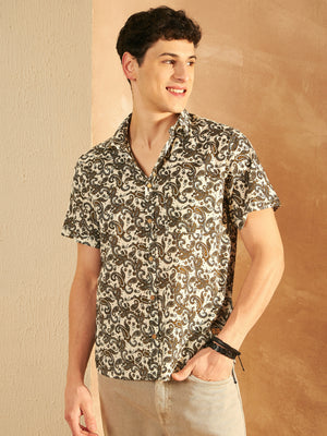 Cream & Green: Half Sleeves Block Printed Shirt