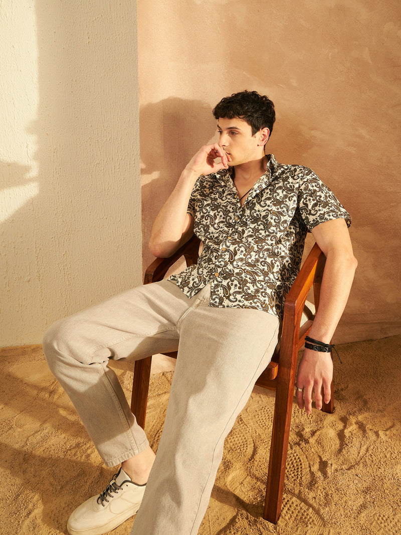 Cream & Green: Half Sleeves Block Printed Shirt