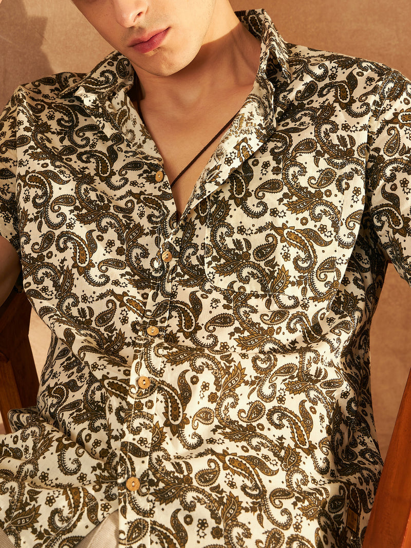 Cream & Green: Half Sleeves Block Printed Shirt