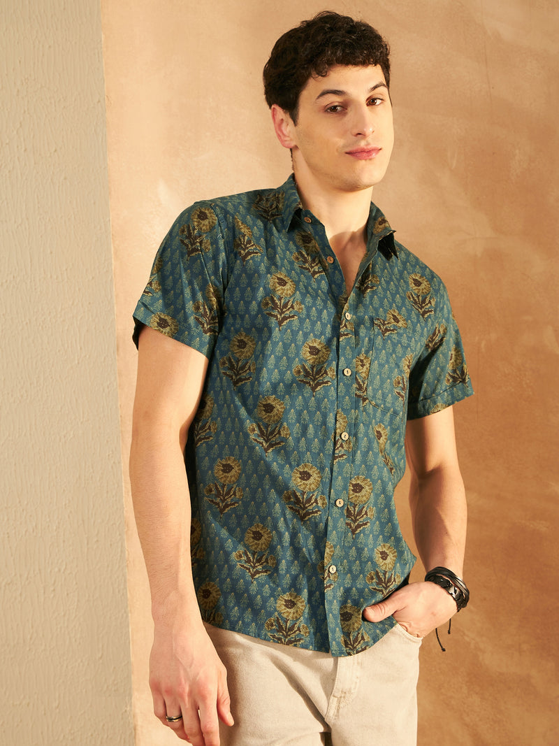 Blue: Half Sleeves Block Printed Cotton Shirt