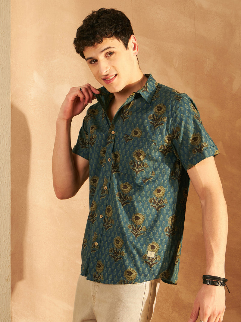 Blue: Half Sleeves Block Printed Cotton Shirt