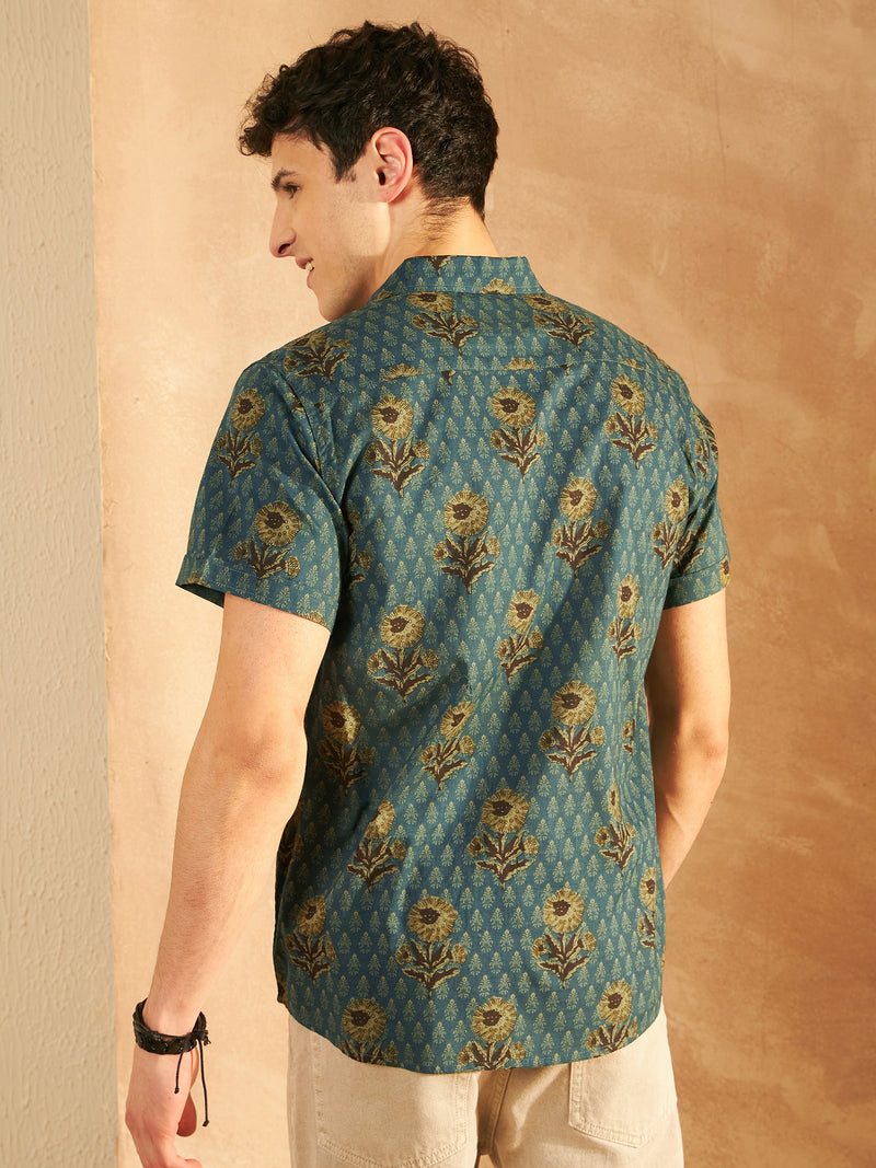 Blue: Half Sleeves Block Printed Cotton Shirt