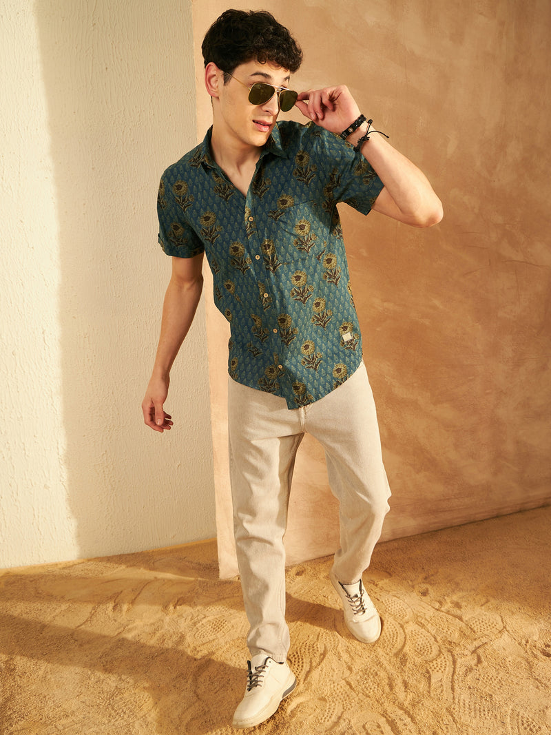 Blue: Half Sleeves Block Printed Cotton Shirt