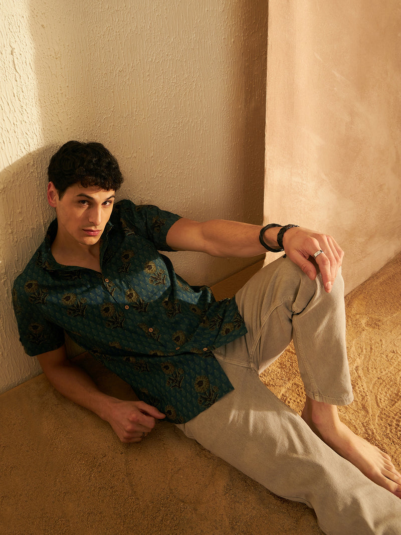 Blue: Half Sleeves Block Printed Cotton Shirt