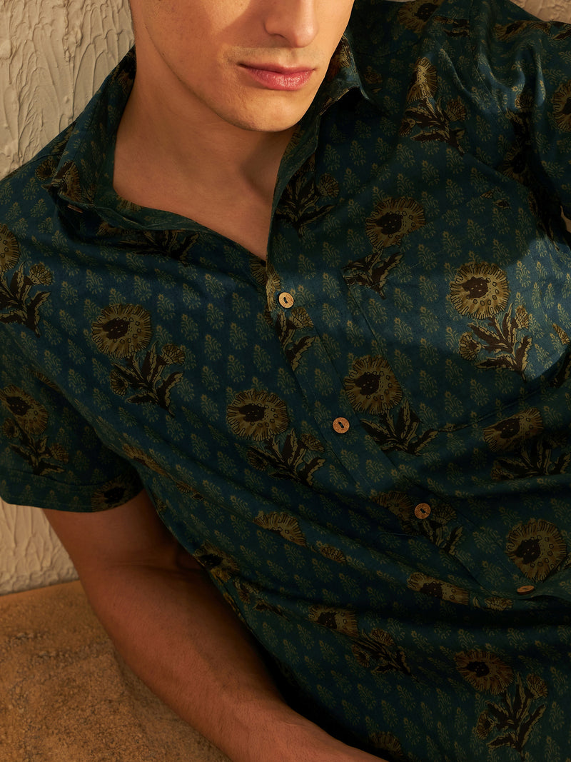 Blue: Half Sleeves Block Printed Cotton Shirt