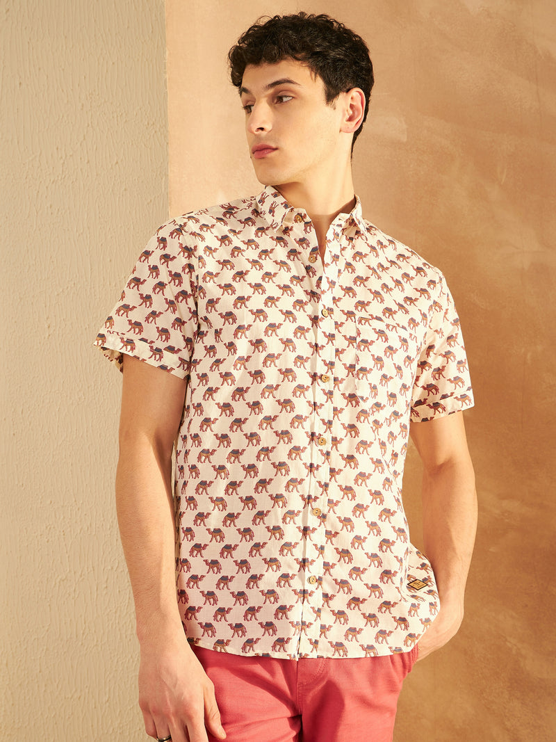 Cream: Half Sleeves Block Printed Shirt
