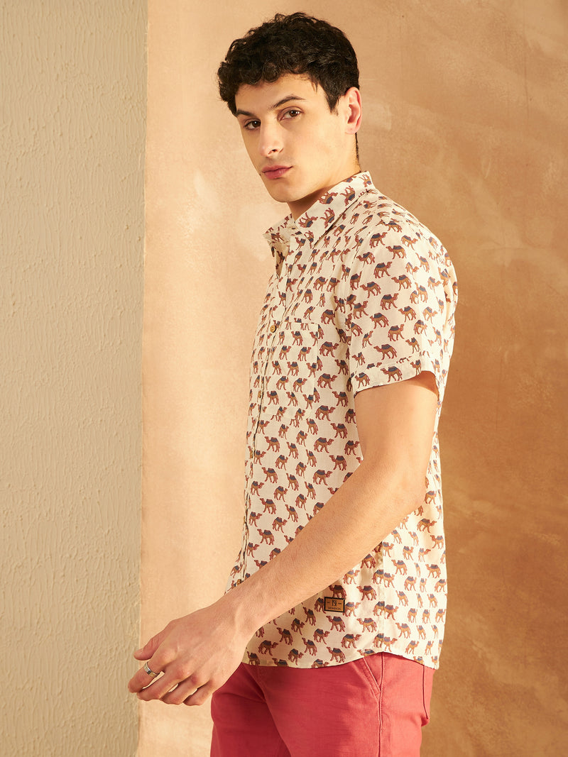 Cream: Half Sleeves Block Printed Shirt