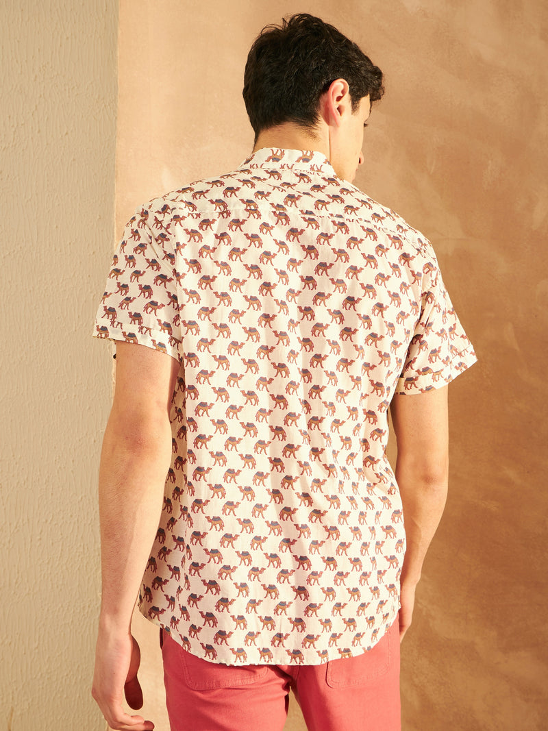 Cream: Half Sleeves Block Printed Shirt