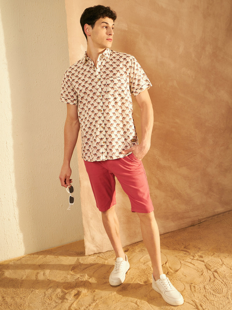 Cream: Half Sleeves Block Printed Shirt